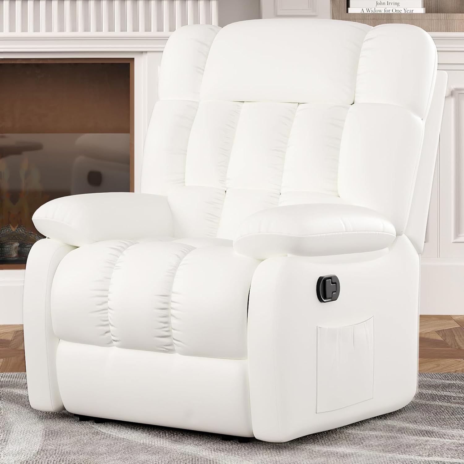 39" White Faux Leather Manual Recliner
