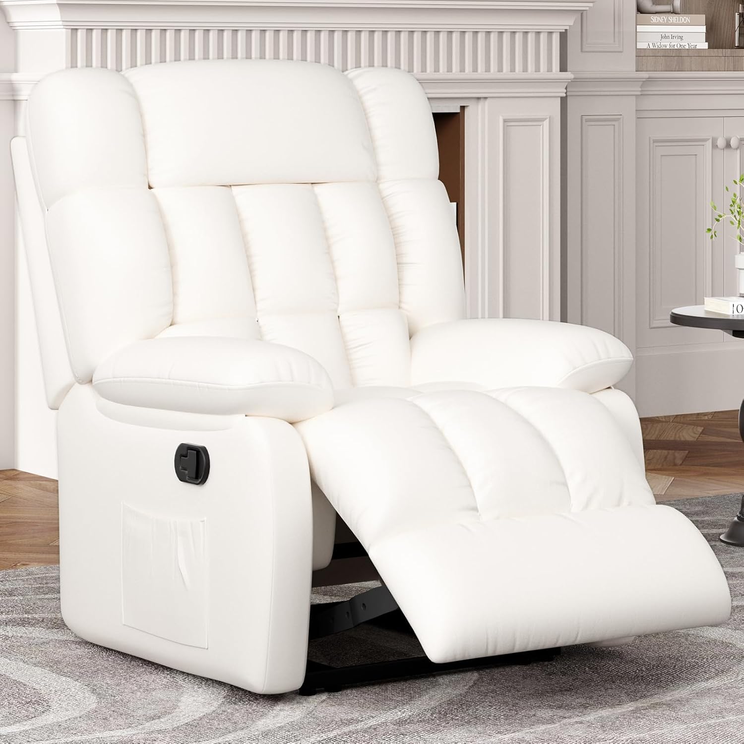 39" White Faux Leather Manual Recliner