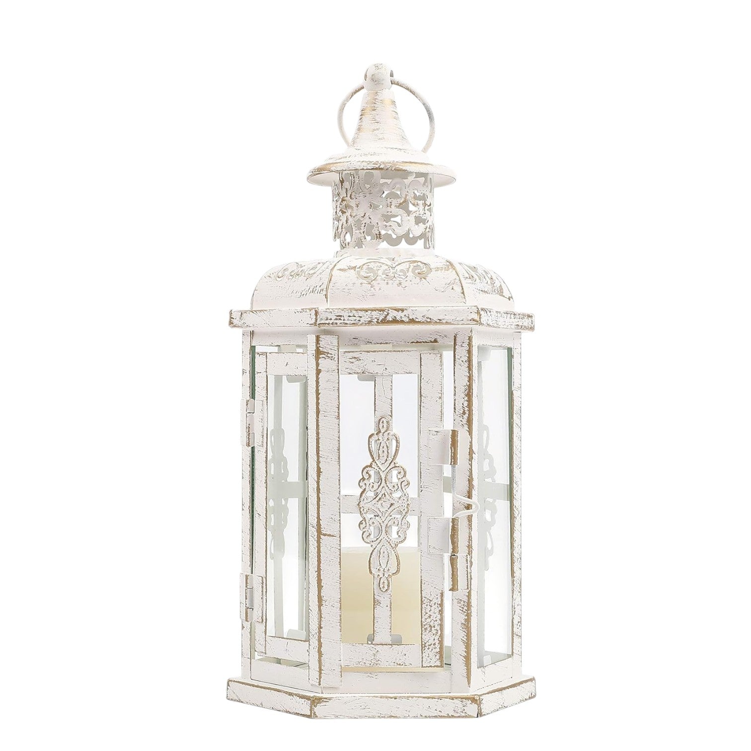 10" Clear And White Glass And Metal Distressed Tabletop Lantern Candle Holder