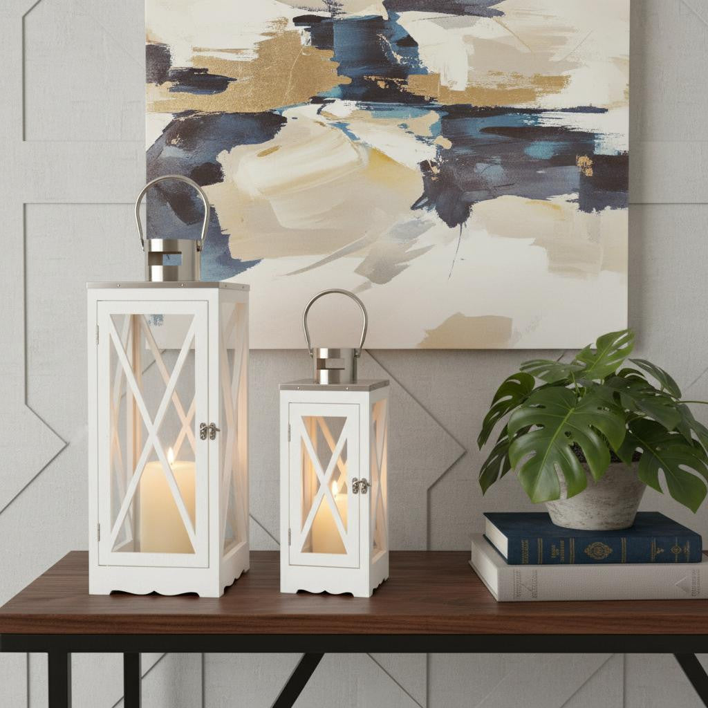 Set of Two Clear And White Glass And Solid Wood Floor Lantern Candle Holders