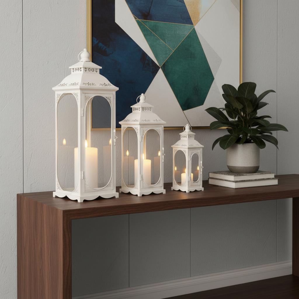 Set of Three Clear And White Glass And Metal Floor Lantern Candle Holders