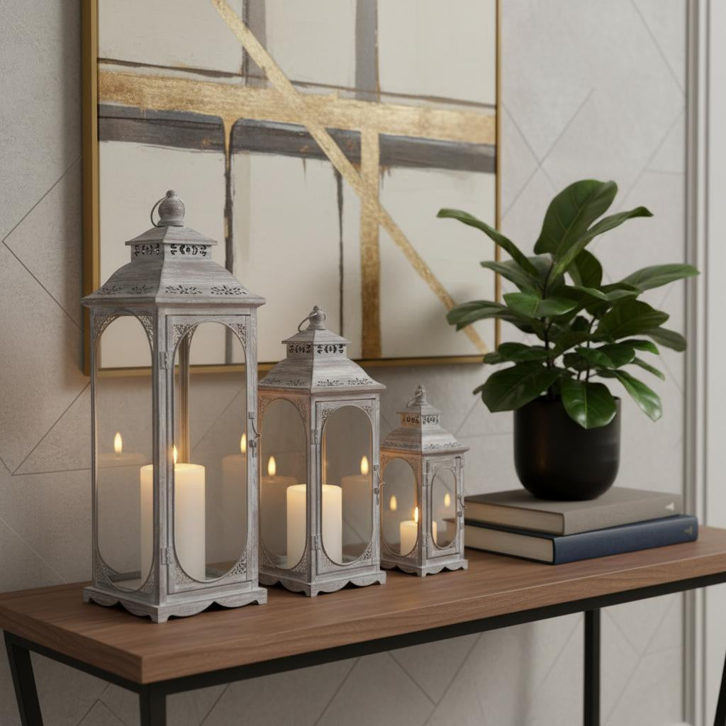 Set of Three Clear And Gray Glass And Metal Tabletop Lantern Candle Holders