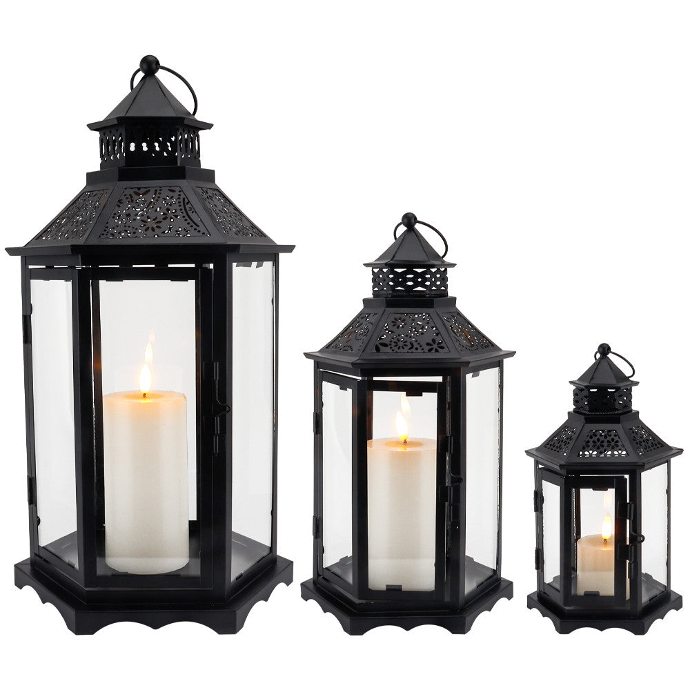 Set of Three Clear And Black Glass And Metal Floor Lantern Candle Holders